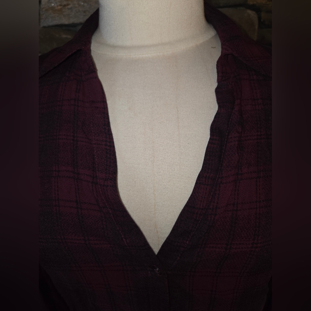 Paige Plaid Button-Up Burgandy Soft Long Sleeve Shirt V Neck - Picture 2 of 7